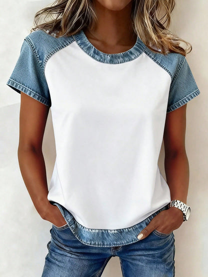 Cow Print Colorblock Crew Neck Casual Tee