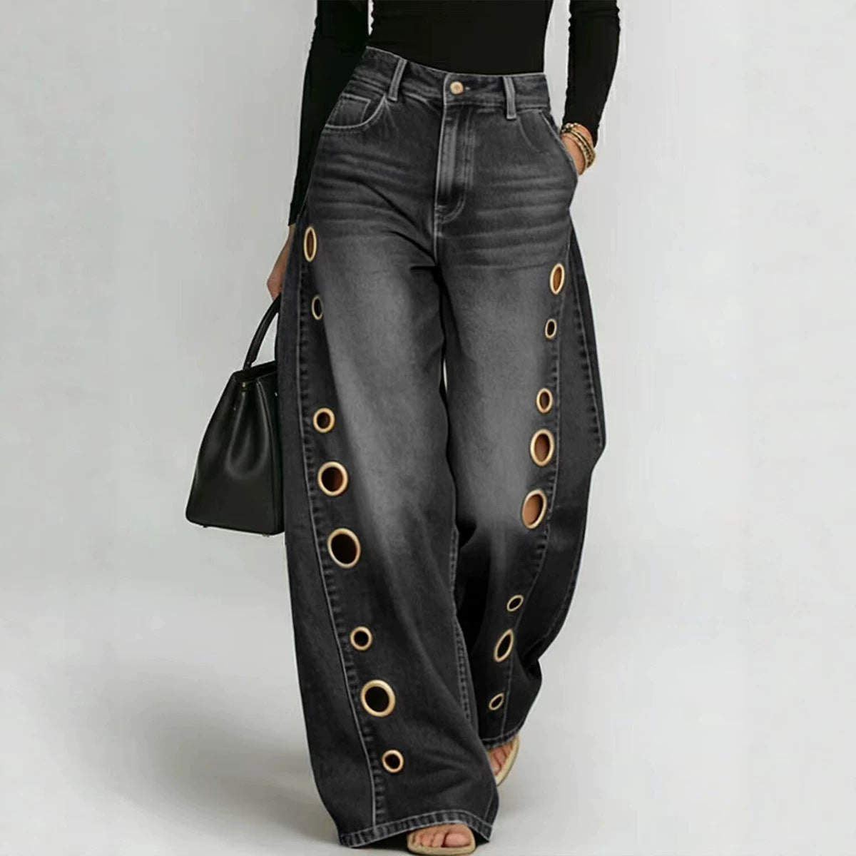 Vintage Wash Metal Eyelet Baggy Wide Leg Cut Out Jeans