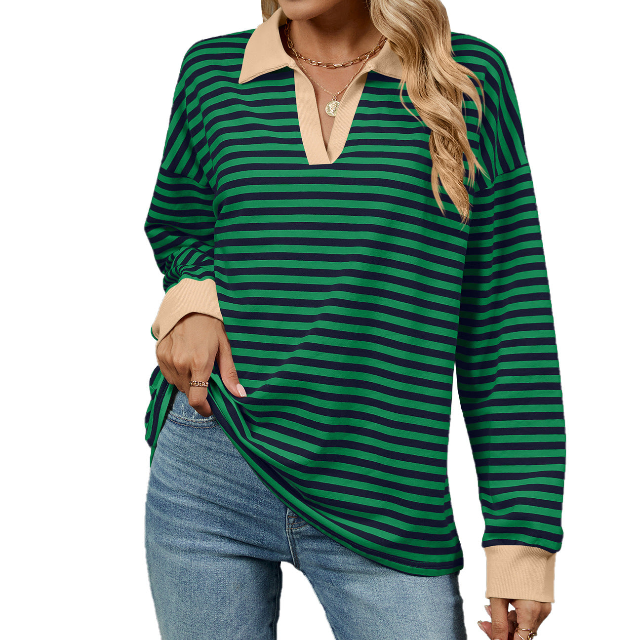 Women's Oversized Striped Collared Sweatshirt Pullover