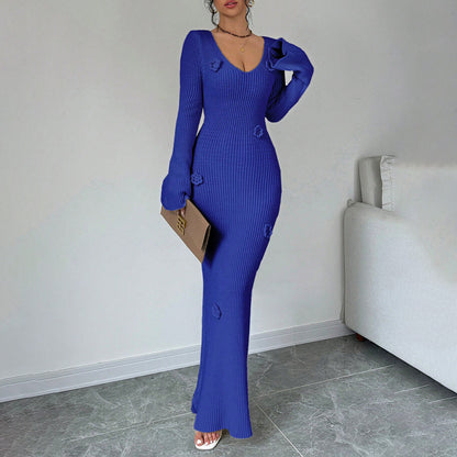 Sexy V Neck Ribbed Knit Bodycon Maxi Dress 3D Floral