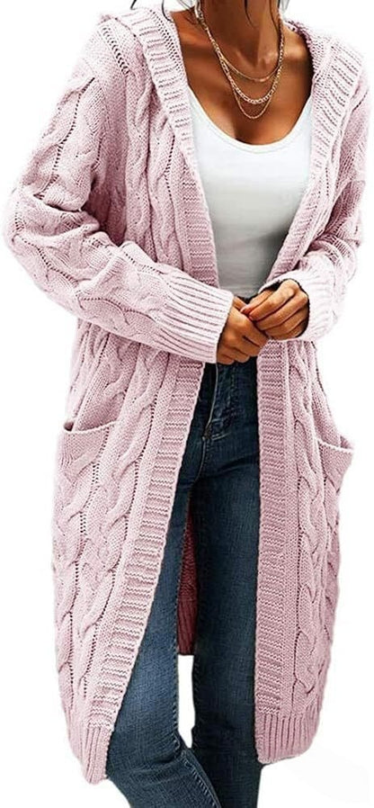 Women's Hooded Cable Knit Long Cardigan Open Front