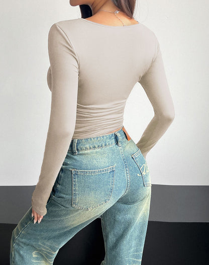 Women's Y2K Square Neck Long Sleeve Fitted Crop Top