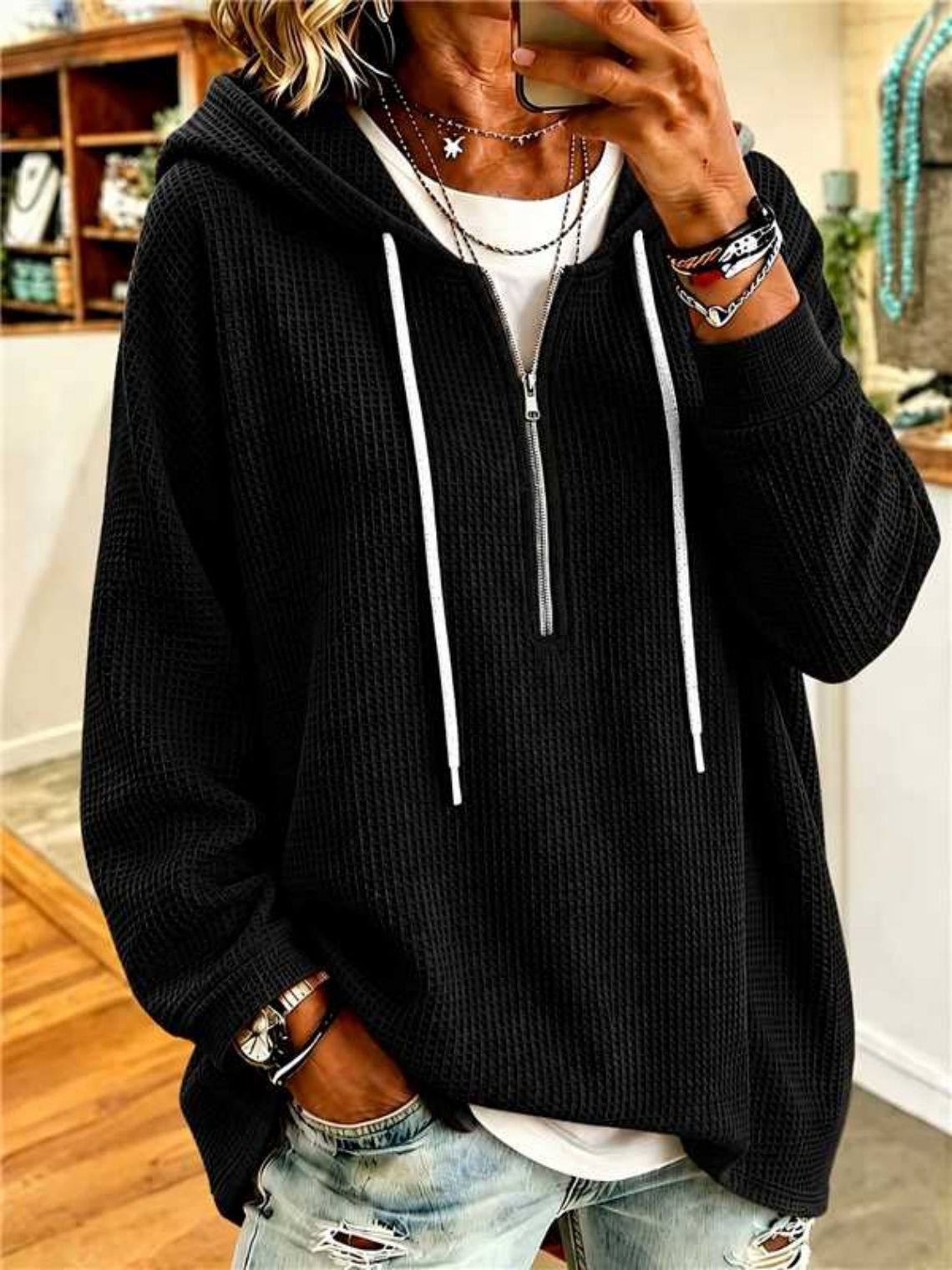 Women's Waffle Knit Half Zip Hoodie Oversized Batwing Tunic