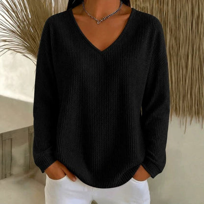 Women's Waffle Knit V Neck Long Sleeve Oversized Top