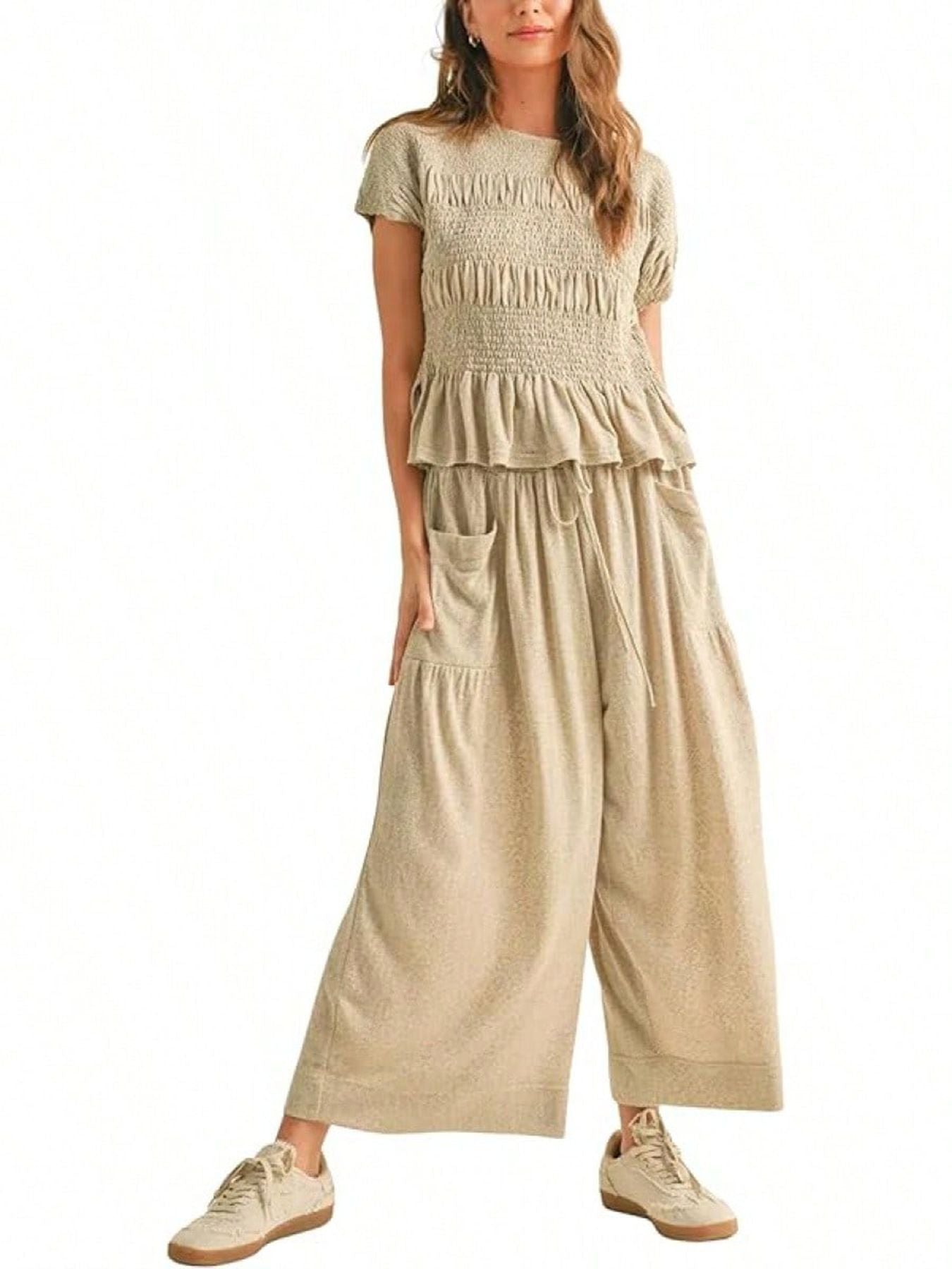 Summer Women’s Two-Piece Smocked Top with Wide-Leg Pants Casual Set