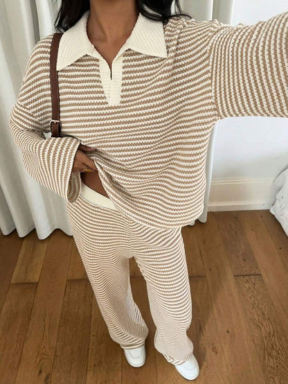 Striped Collared Knit Lounge Set Wide Leg Pants Set