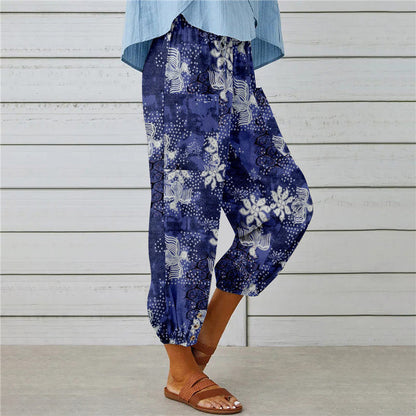Women's Boho Floral High Waist Cotton Linen Joggers