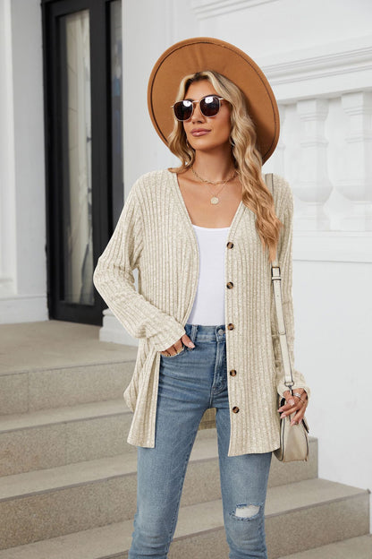 Soft Ribbed Button-Down Knit Cardigan for Fall & Winter