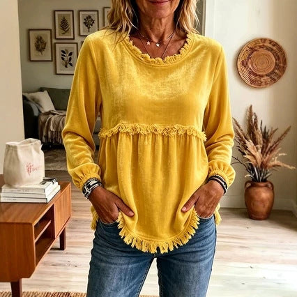 Women's Velvet Fringe Trim Long Sleeve Casual Top