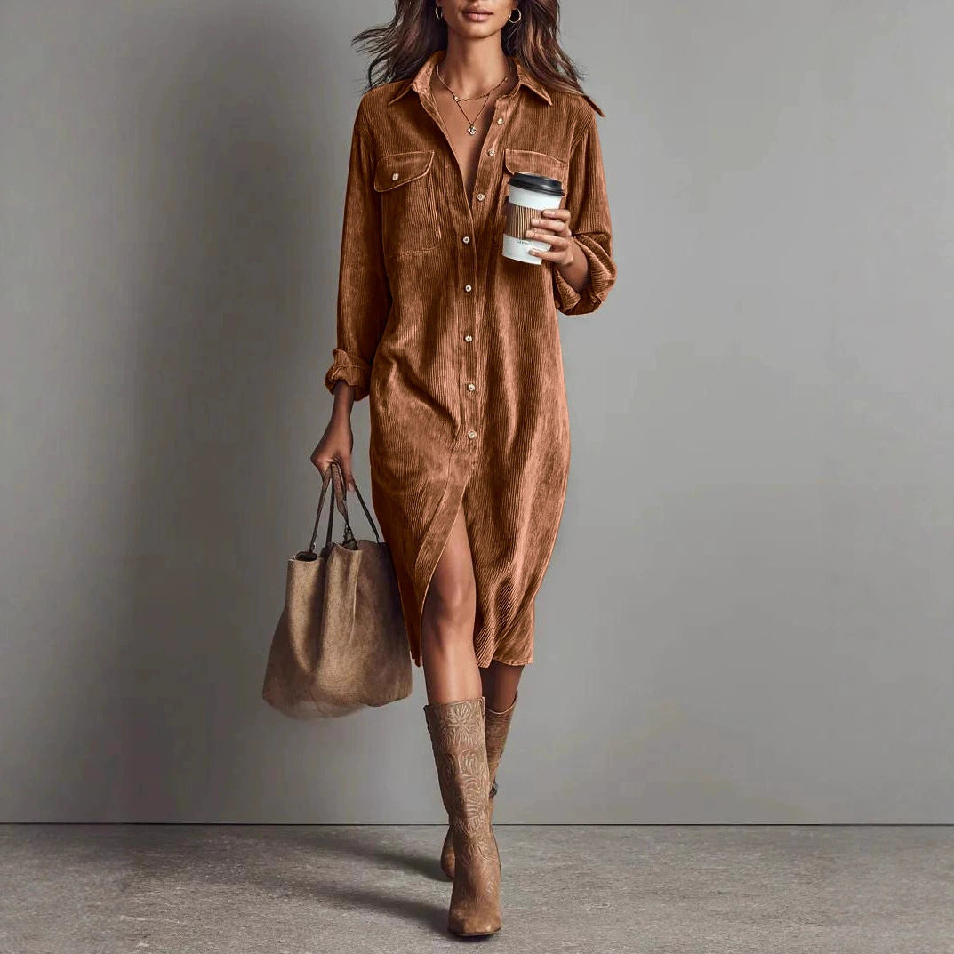 Women's Corduroy Shirt Dress Long Sleeve Button Down Midi