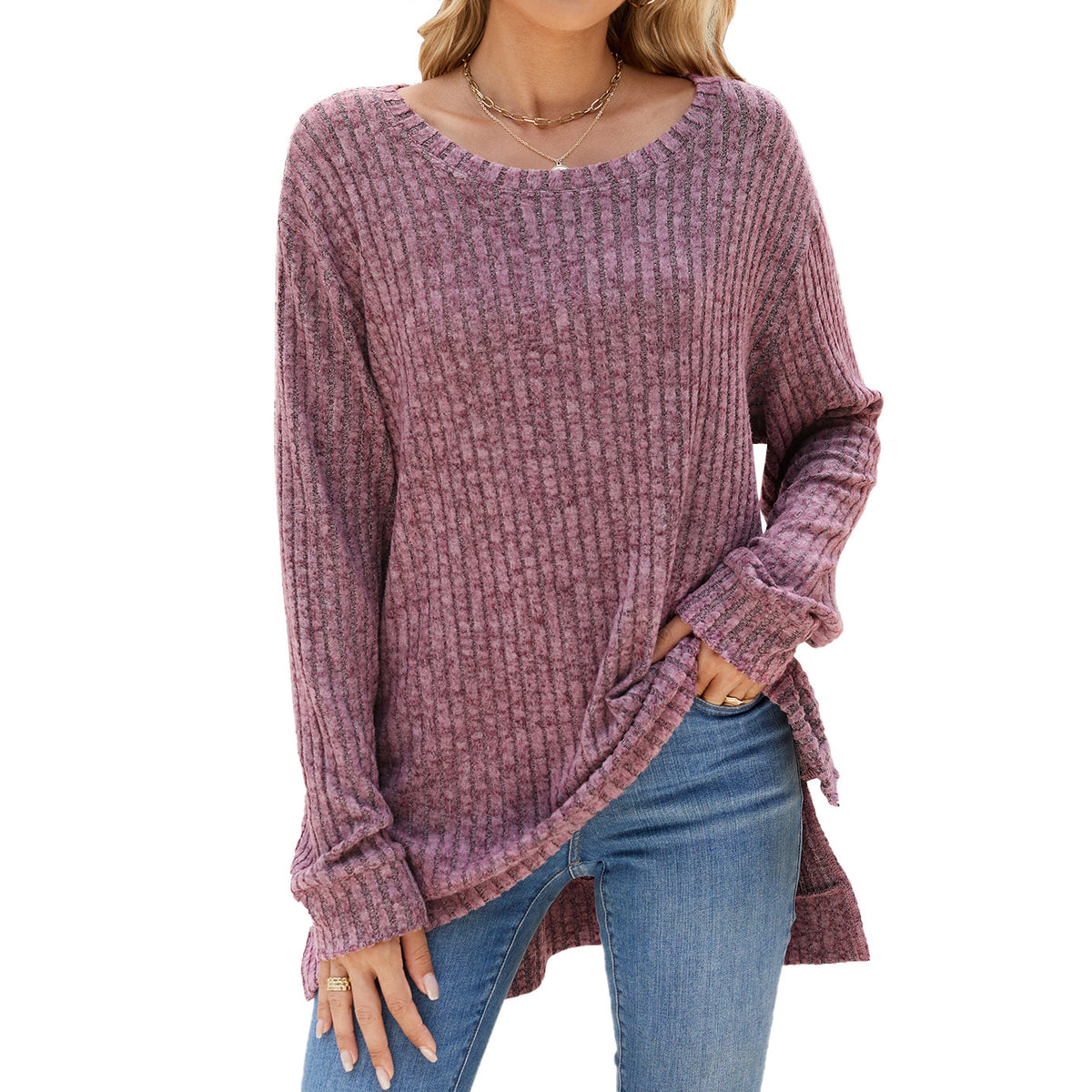 Women's Oversized Ribbed Long Sleeve Side Slit Tunic Top
