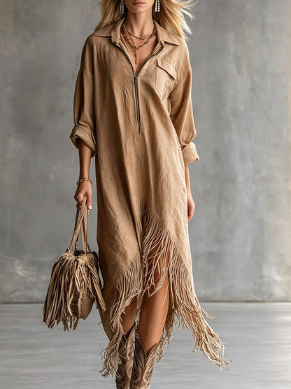 Women's Western Fringe Shirt Dress Asymmetrical Midi Boho