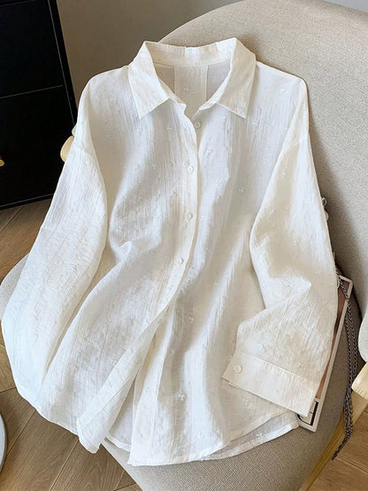 Women's Oversized Button Down Textured Shirt Long Sleeve