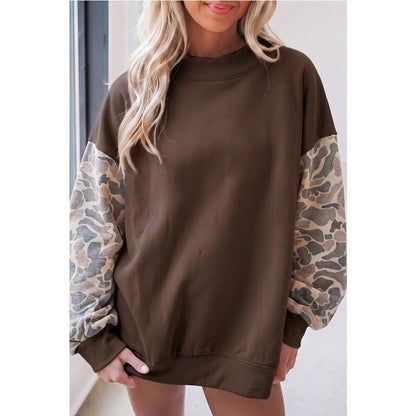 Oversized Camo Sleeve Mock Neck Fleece Sweatshirt