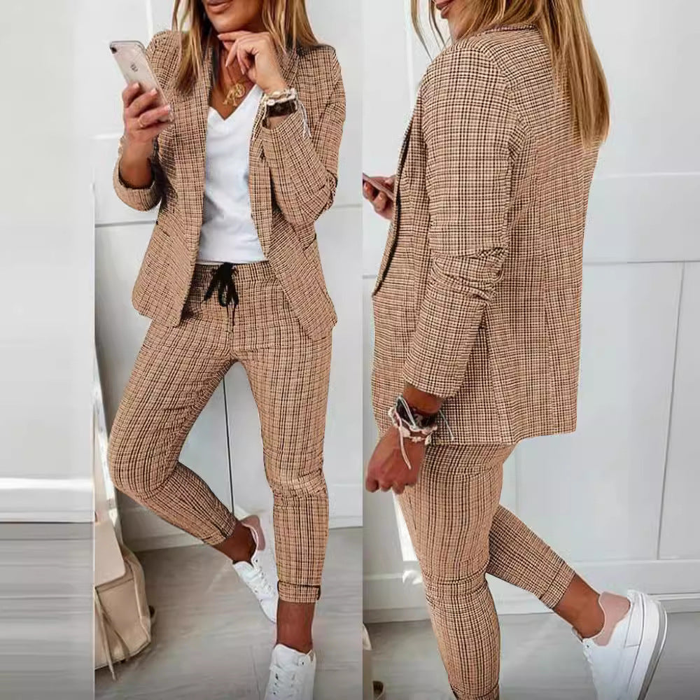 Women's Plaid Blazer Pants Set Casual Two Piece Suit