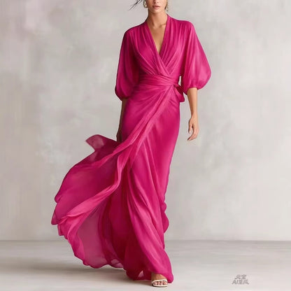 Elegant Deep V-Neck Lantern Sleeve Wrap Maxi Dress