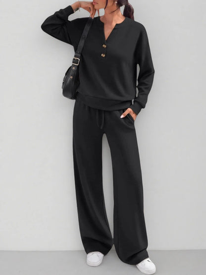 Women's 2 Piece Lounge Set Henley Wide Leg Pants
