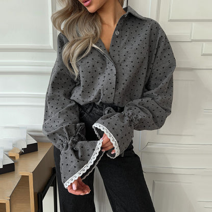 Oversized Polka Dot Lace Cuff Button Up Blouse