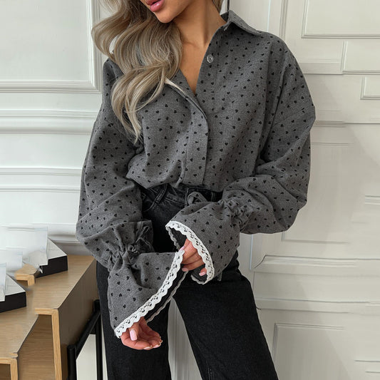 Oversized Polka Dot Lace Cuff Button Up Blouse
