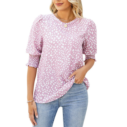 Loose Fit Printed Chiffon Short Sleeve Round Neck Shirt