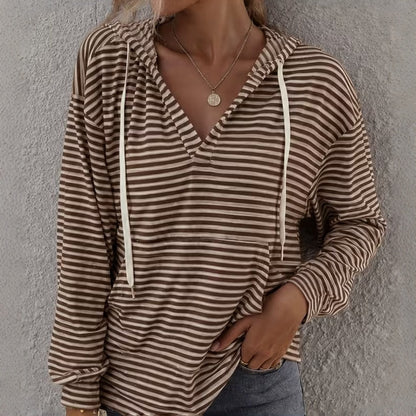 Women Striped Hoodie V-Neck Long Sleeve Oversized Pullover