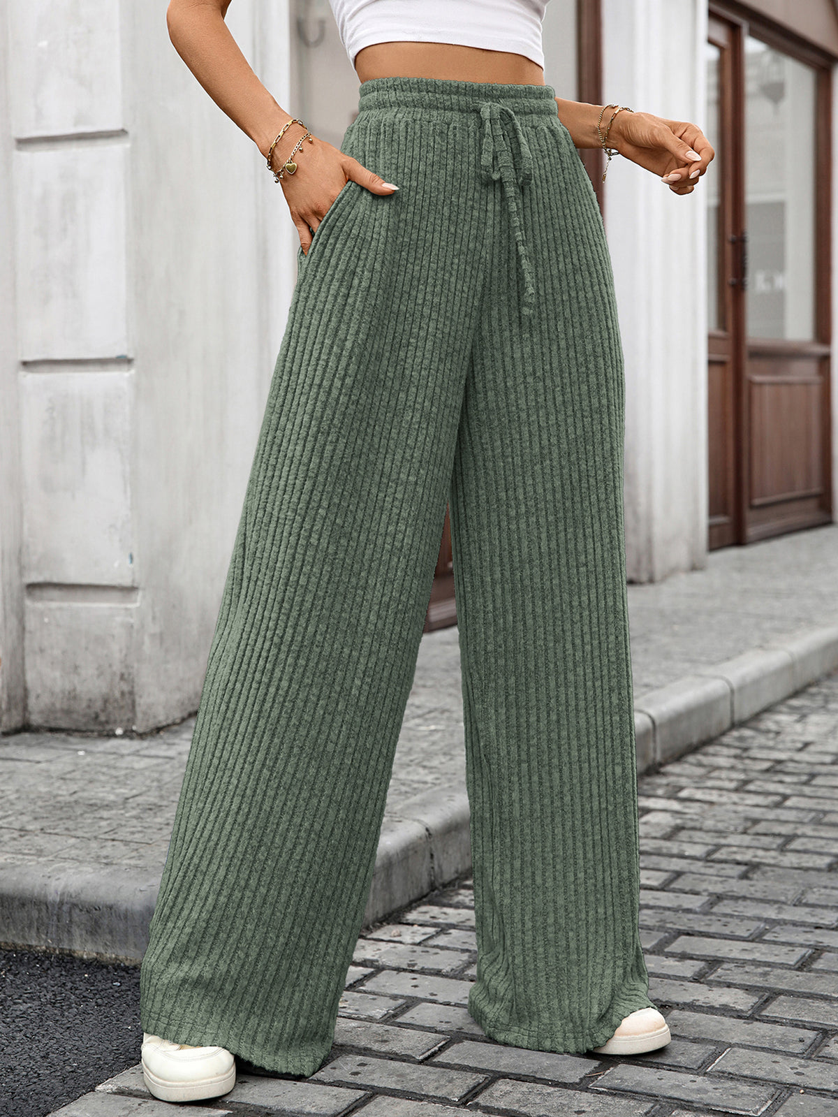 Women Ribbed Wide Leg Pants Drawstring Elastic Waist