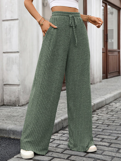 Women Ribbed Wide Leg Pants Drawstring Elastic Waist