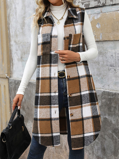 Plaid Longline Vest Lapel Button Front Pockets