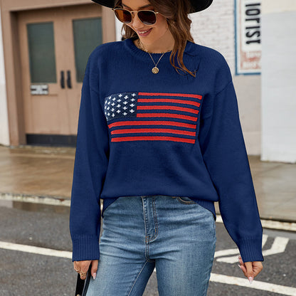 USA Flag Knit Sweater Patriotic Pullover for Women