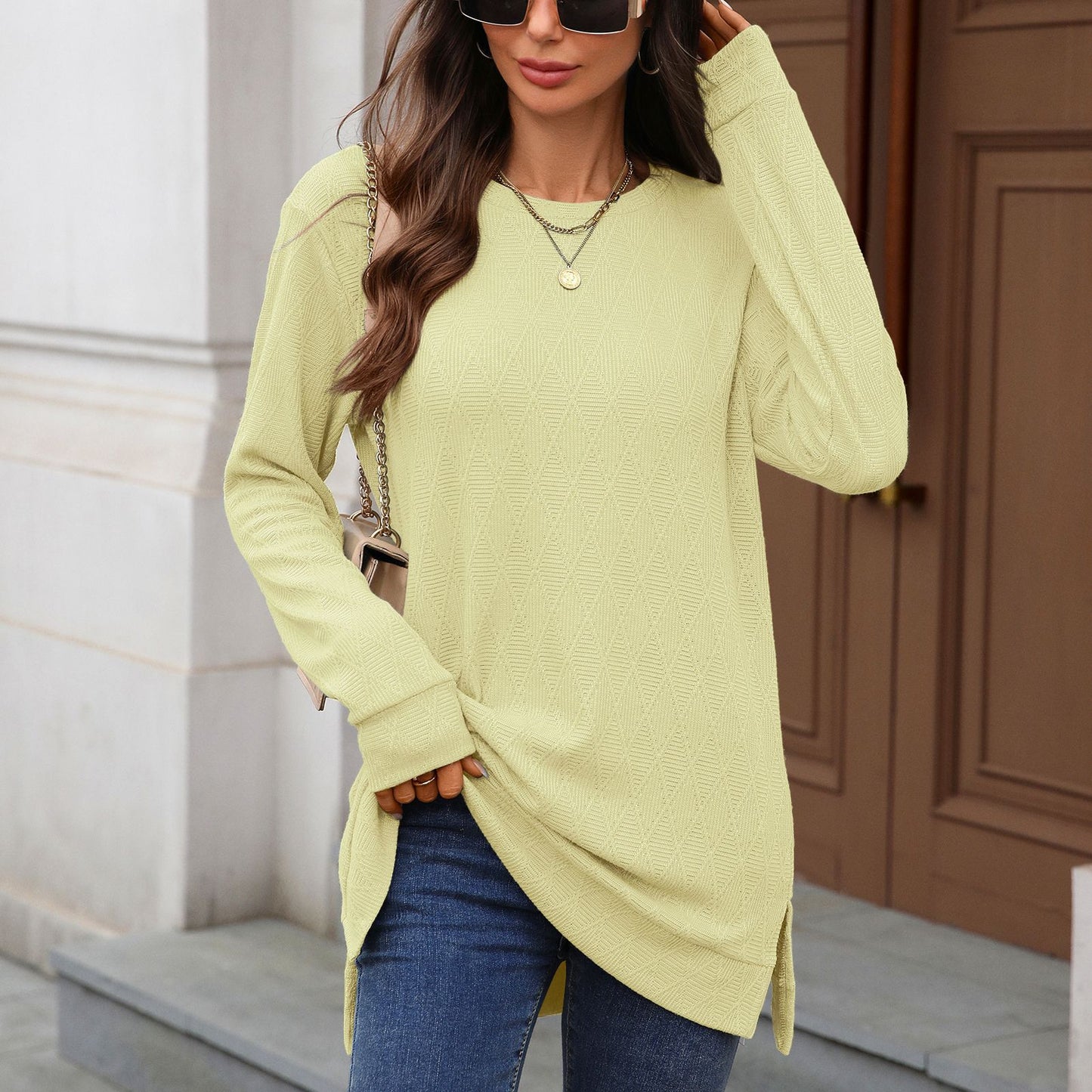 Women's Oversized Crewneck Long Sleeve Side Slit Top