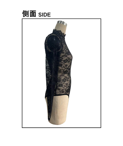 Black Floral Lace Bodysuit Sheer Mesh Mock Neck Top