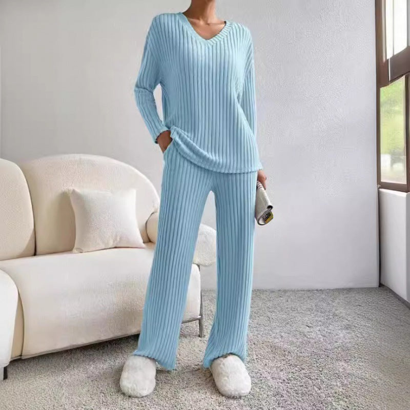 Ribbed Knit V-Neck Sweater Wide Leg Pants Set