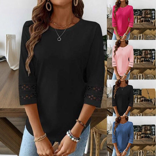 Women's Lace Trim 3/4 Sleeve Tunic Blouse