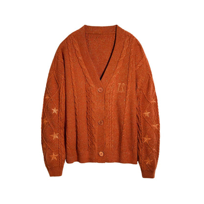 Oversized Cable Knit Star Embroidered Cardigan Sweater