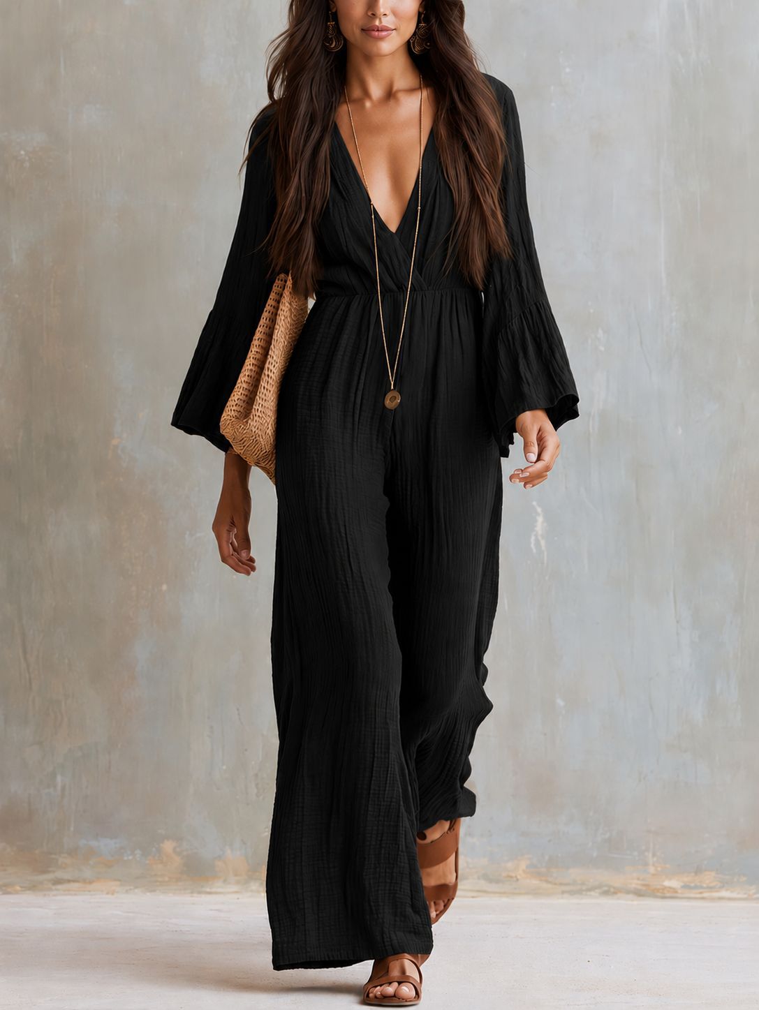 Boho V Neck Jumpsuit Wide Leg Bell Sleeve Elastic Waist