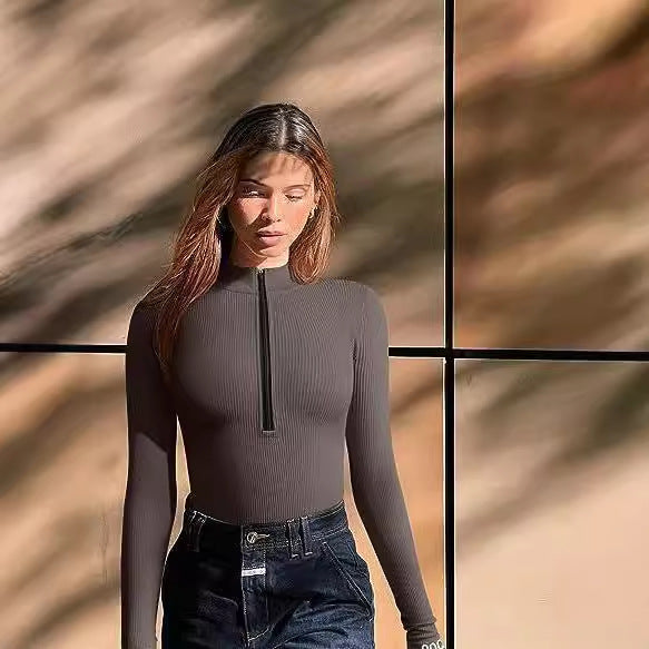 Sexy Long Sleeve Ribbed Zip Front Mock Neck Bodysuit