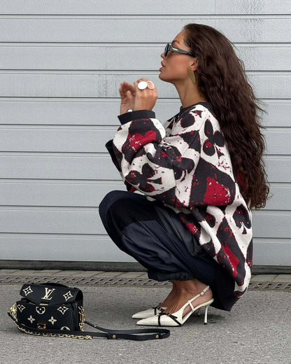 Womens Oversized Vintage Argyle Knit Sweater