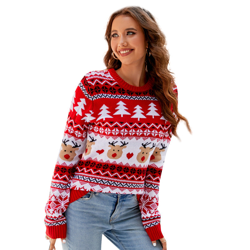 Red Reindeer Christmas Sweater Women Holiday Knit Pullover
