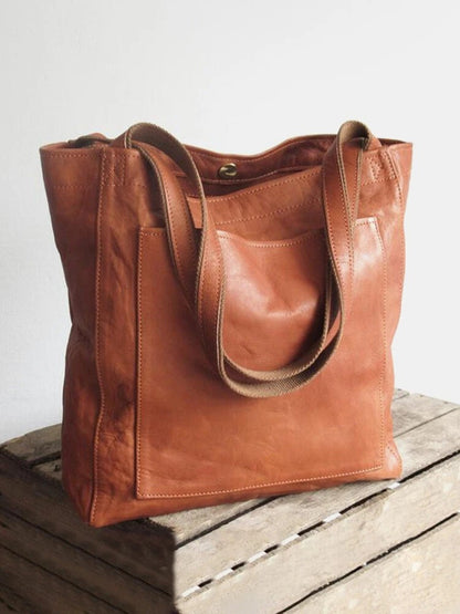 Vintage Soft Leather Tote Bag with Pocket Large Capacity