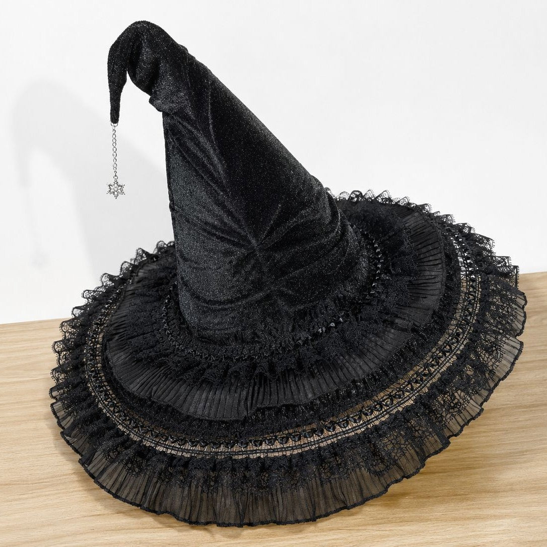 Gothic Velvet Witch Hat with Lace Brim and Satin Bow