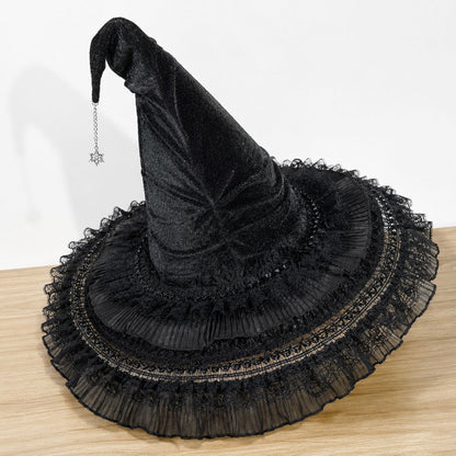 Gothic Velvet Witch Hat with Lace Brim and Satin Bow