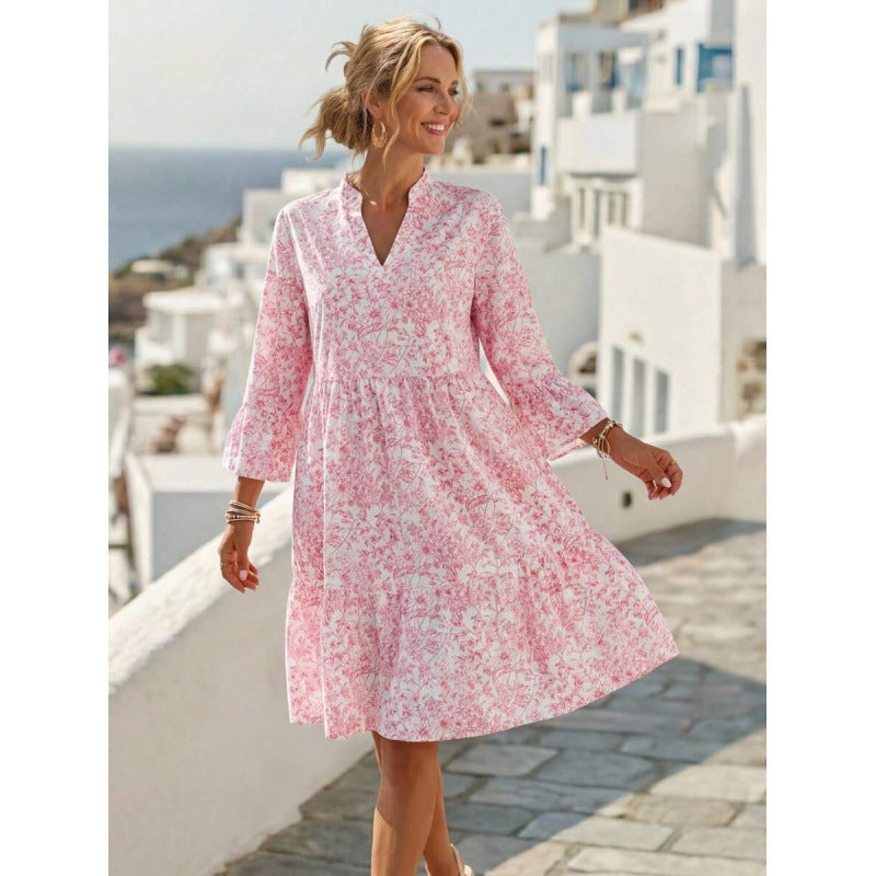 Boho V-Neck Tiered Midi Dress Floral A-Line Summer