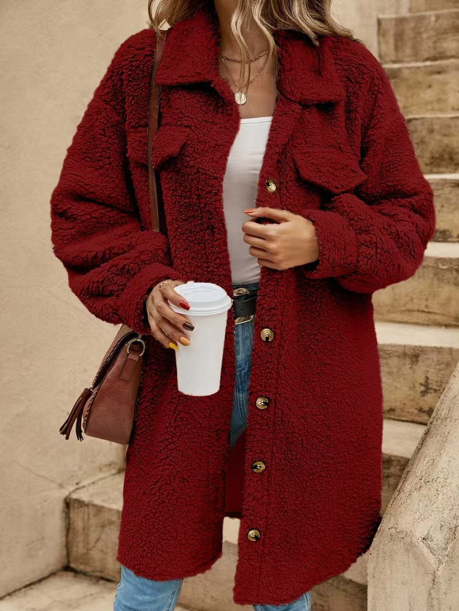 Women's Long Sherpa Jacket Button Down Collared Coat