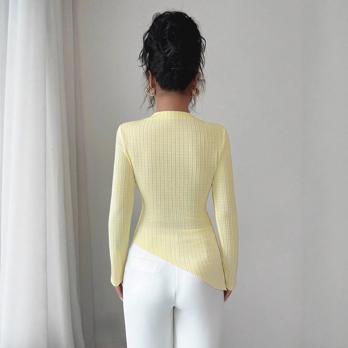 Women's Ribbed Mock Neck Buckle Detail Asymmetric Sweater