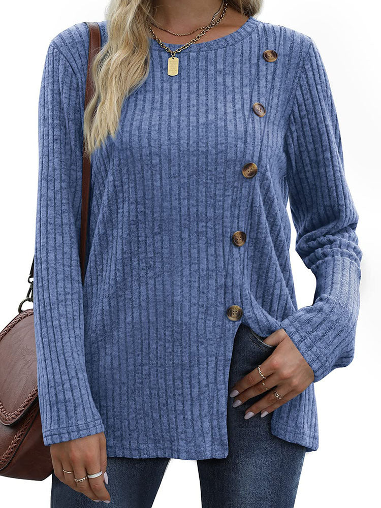 Women's Side Button Ribbed Long Sleeve Tunic Top
