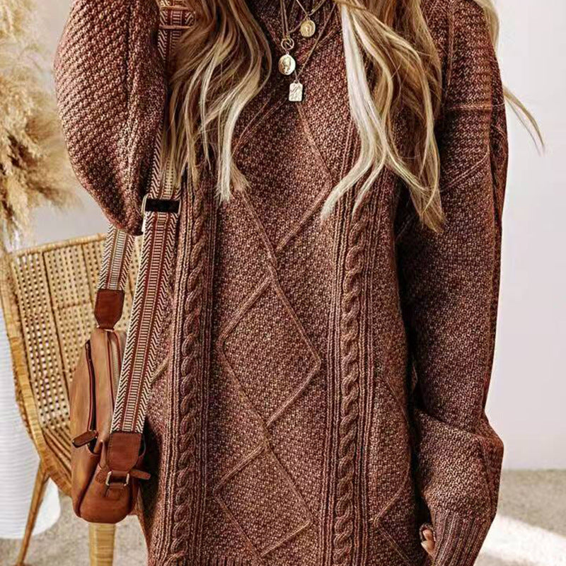 Oversized Chunky Cable Knit Sweater Dress Crew Neck