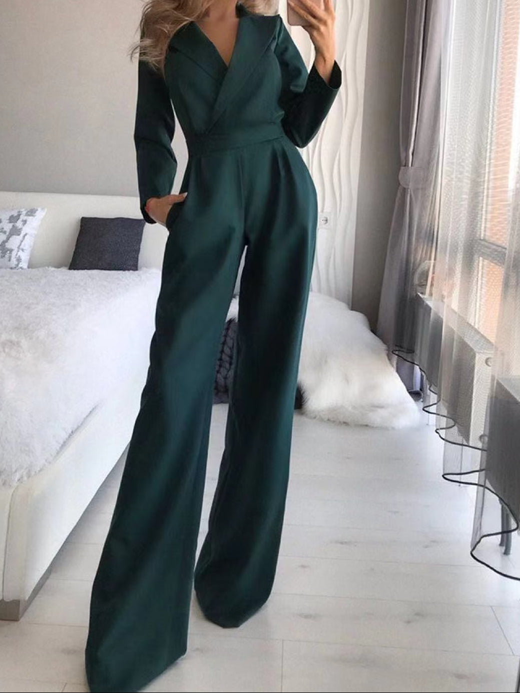 Women's Long Sleeve Blazer Wide Leg Jumpsuit