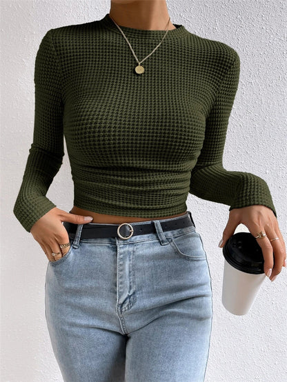 Women's Ruched Waffle Knit Long Sleeve Crop Top