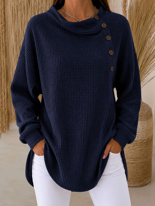 Women's Waffle Knit Cowl Neck Button Pullover Sweater