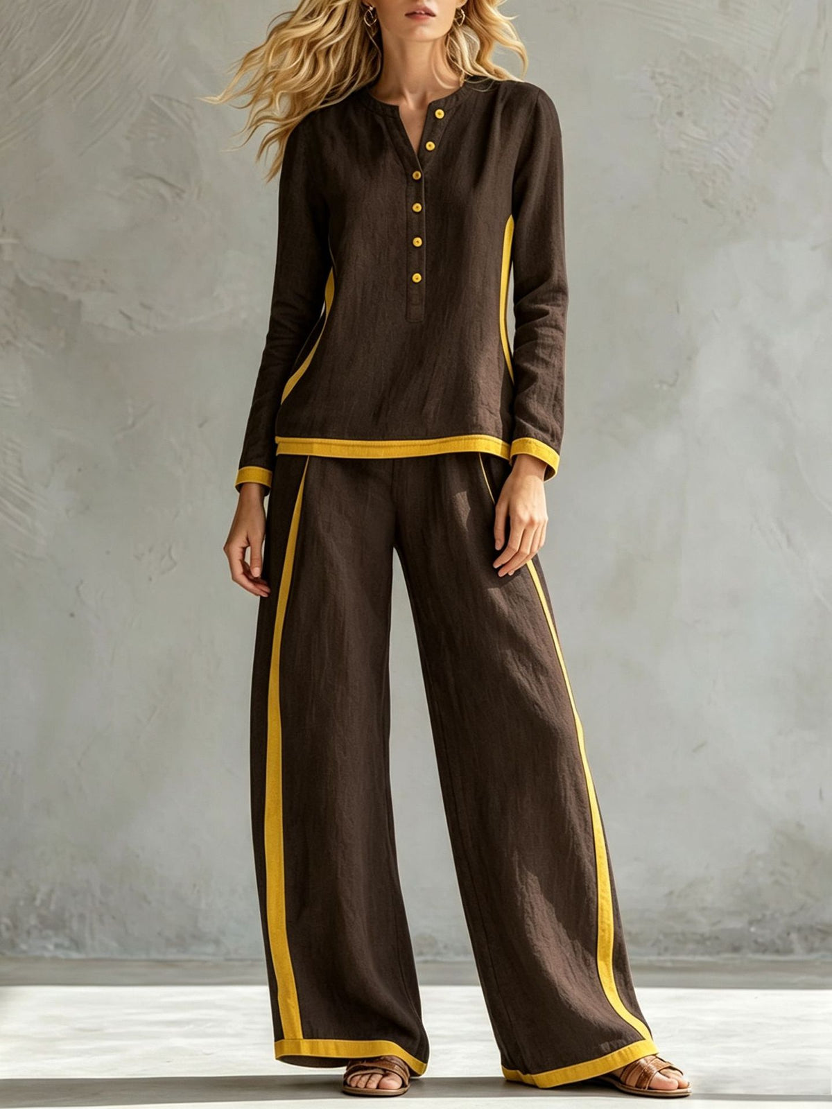 Women's Colorblock Wide Leg Pant Set Button Front Top
